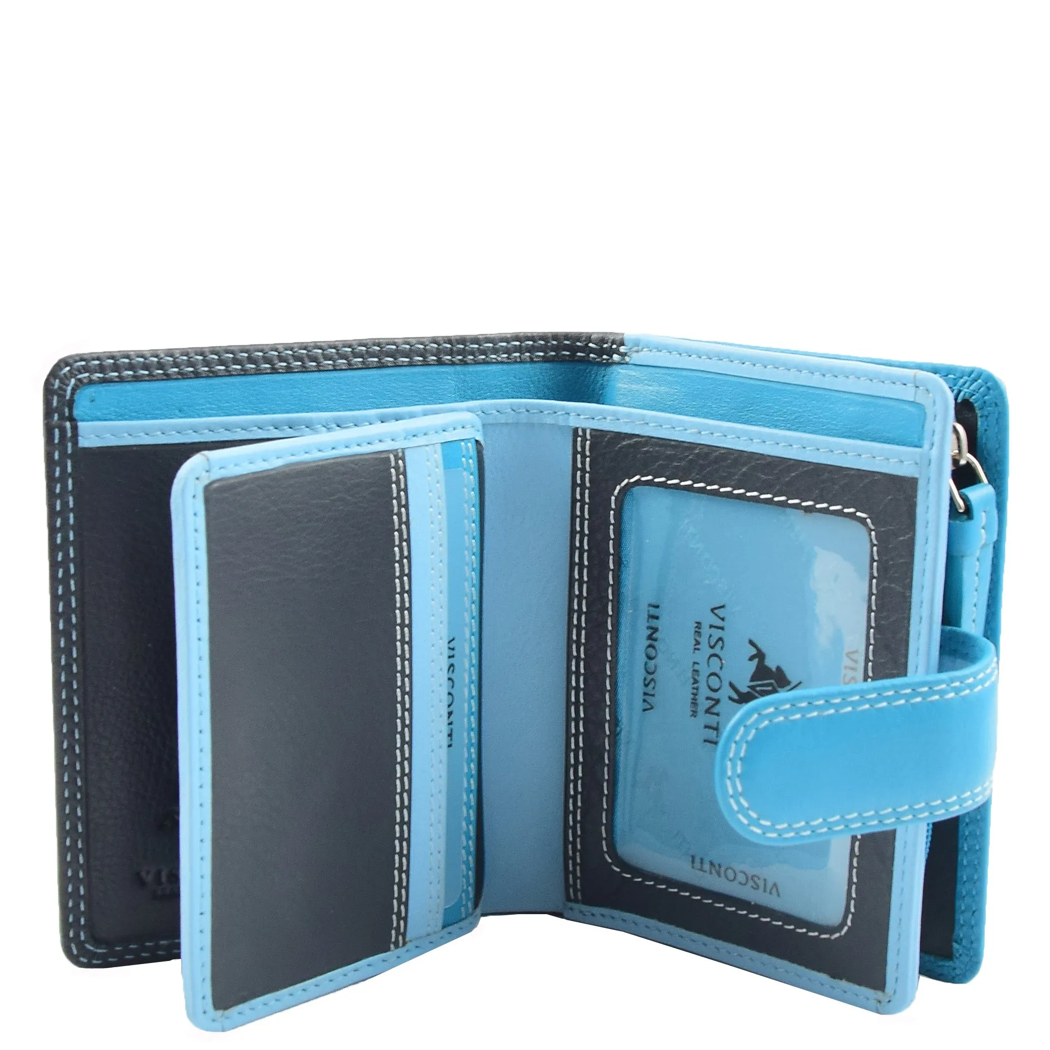 Womens Real Soft Leather Small Zip Bi Fold HOL404 Blue Multi
