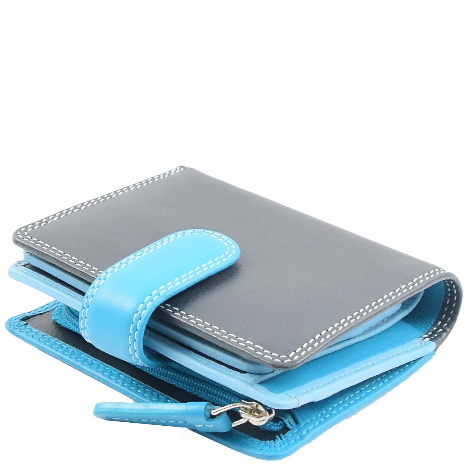 Womens Real Soft Leather Small Zip Bi Fold HOL404 Blue Multi